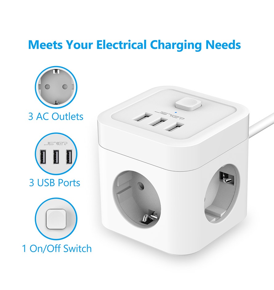 JSVER - JSVER Steckdosenleiste 3 Fach mit USB, Würfel