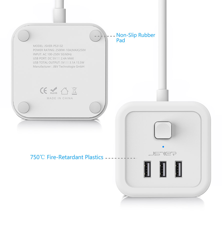 JSVER - JSVER Steckdosenleiste 3 Fach mit USB, Würfel