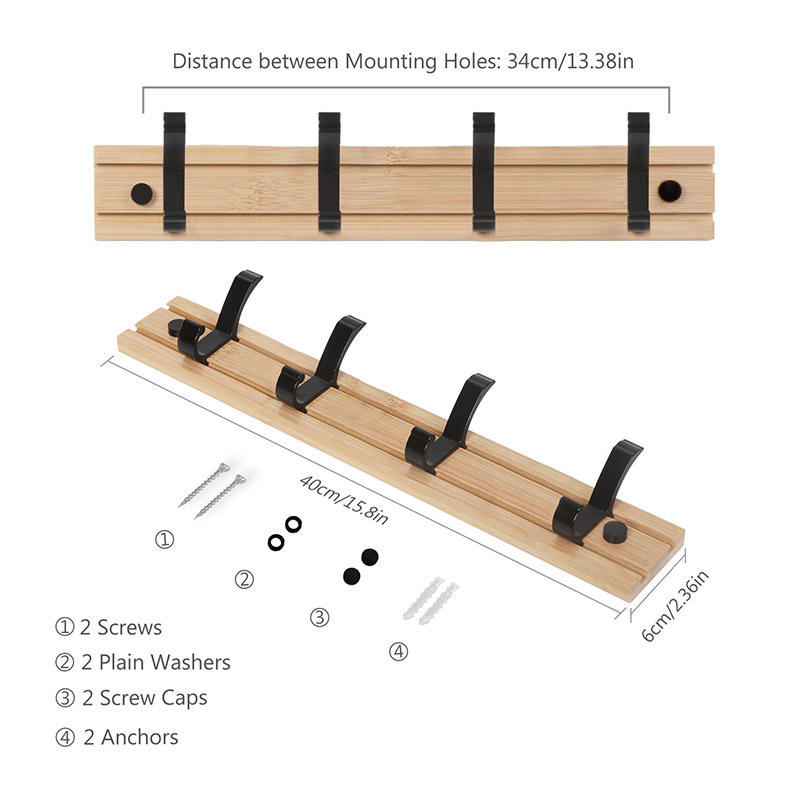 Wall Coat Hooks, Modern Coat Rack, Wooden Coat Hooks, Bamboo Wall Coat  Rack, Hook Rail With 4 Movable Hooks For Jackets, Coats, Scarves, Handbags  And