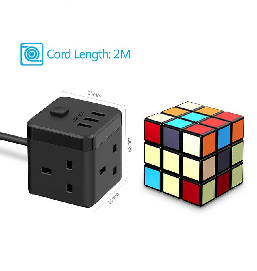JSVER Cube Extension Lead with 3 USB Ports 3 Outlet Power Black 5V/2.4A 